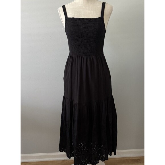 Evereve Dresses & Skirts - EVEREVE Black Chandler‎ Smocked Eyelet Cotton Midi Dress Women's Size Small